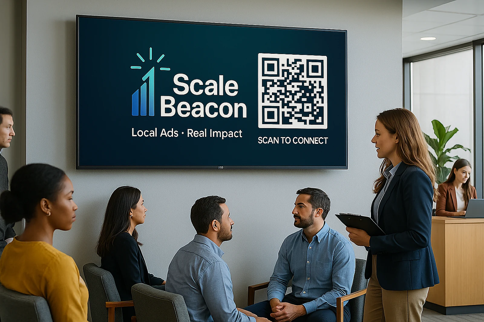 Example venue placement with a TV showing a local ad and a QR code